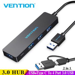 Vention 4-Port USB 3.0 Hub with Type C & USB 3.0 2-in-1 Interface and Power Supply 0.15M ABS Type