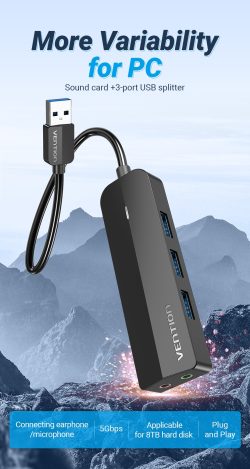 Vention CHIBB 3 Port USB30 Hub with Sound Card and Power Supply