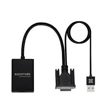 Promate VGA to HDMI Display Adaptor with 1080p Resolution & Built-in USB Cable for Audio & Power, Black