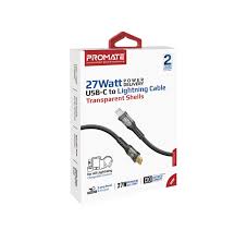 Promate 27W Power Delivery USB-C to Lightning Cable with Transparent cable